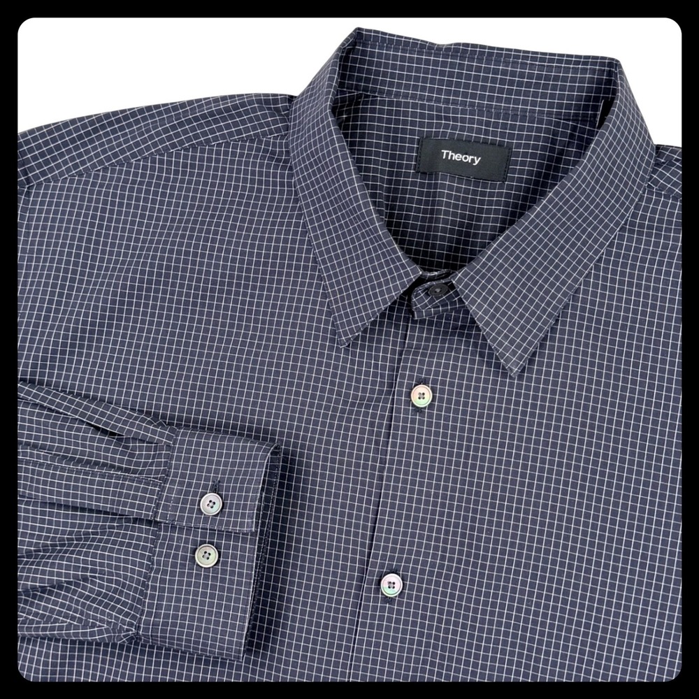 Theory Irving Grid Shirt Men XL Black Cotton Stretchโ Button Up Office